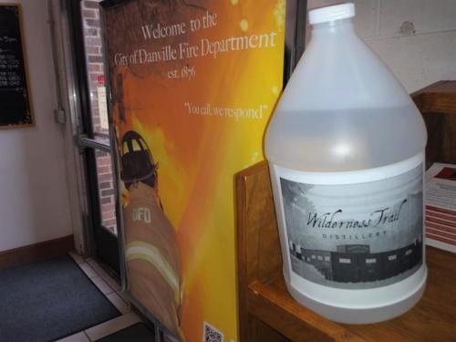 A gallon of Wilderness Trail hand sanitizer is ready for use at the Danville Fire Department.